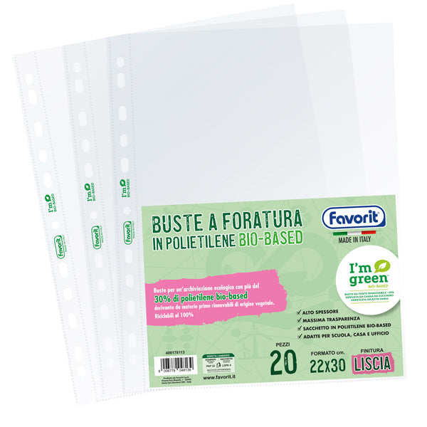 FAVORIT - 400178113 - Buste forate - 22 x 30 cm - PE Bio-Based - liscio superior - Favorit - conf. 20 pezzi - 100217 - Conf. da 1 Pz.