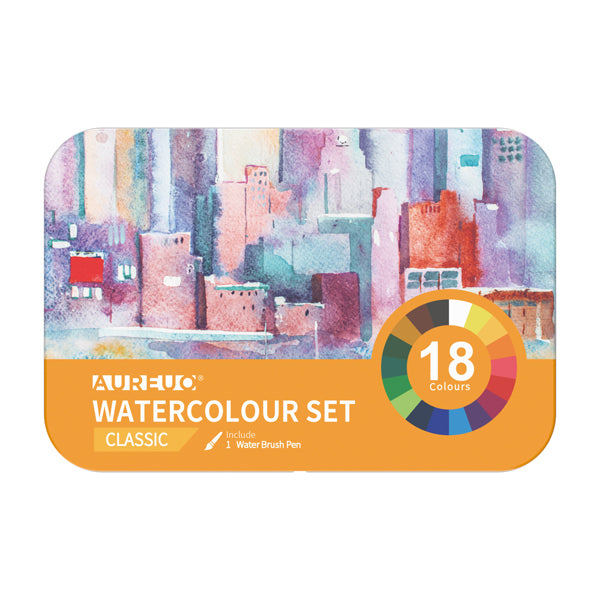 DOM - 13060-1 - Acquerelli demi-godet - con pennello brush - in scatola di metallo - colori classici assortiti - DOM - astuccio 18 colori - 100709 - Conf. da 1 Pz.