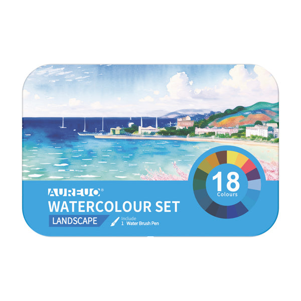 DOM - 13060-2 - Acquerelli demi-godet - con pennello brush - in scatola di metallo - colori paesaggi assortiti - DOM - astuccio 18 colori - 100710 - Conf. da 1 Pz.