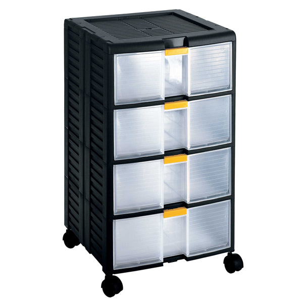 TERRY - 1002296 - Cassettiera portautensili modulare - 4 cassetti - con maniglia e ruote - 39,1 x 39 x 62,9 cm - PPL - trasparente-nero - Store-Age - 101102 - Conf. da 1 Pz.