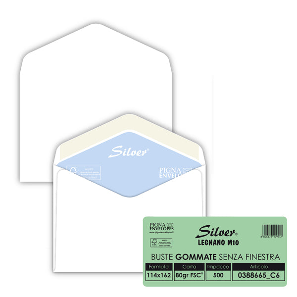 PIGNA - 0388665C6 - Busta Busta Silver FSC - senza finestra - gommata - 11,4 x 16,2 cm - 80 gr - bianco - Pigna - conf. 500 pezzi - 101262 - Conf. da 1 Pz.