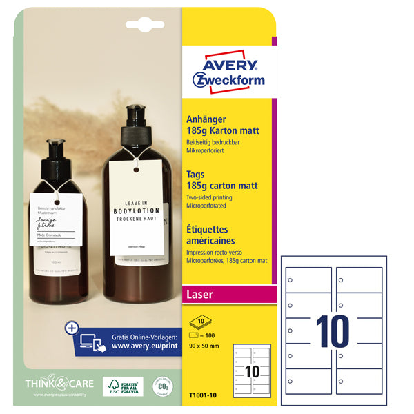 AVERY - T1001-10 - Cartellino micro-perforato stampabile - cartoncino - laser - 90 x 50 mm - 10 cart-fg - 10 fogli - bianco - Avery - 101298 - Conf. da 1 Pz.