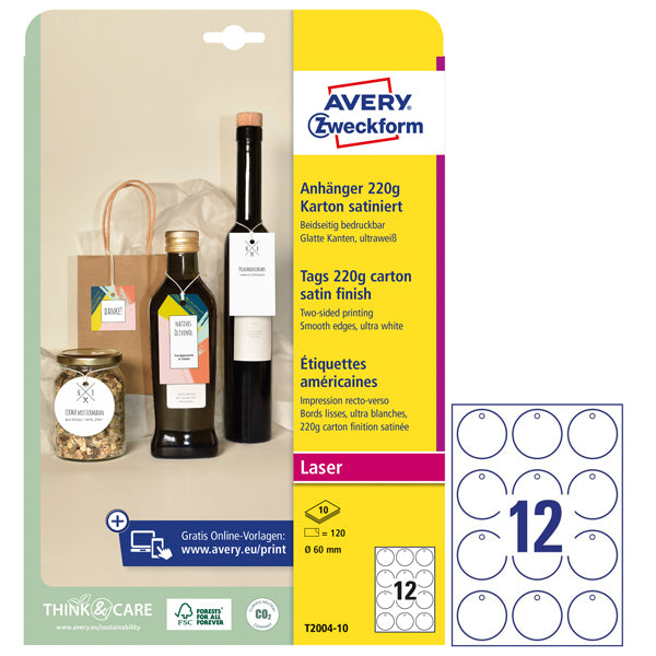 AVERY - T2004-10 - Cartellino stampabile - in cartoncino - con bordi lisci - laser - diametro 60 mm - 12 cart-fg - 10 fogli - bianco - Avery - 101303 - Conf. da 1 Pz.