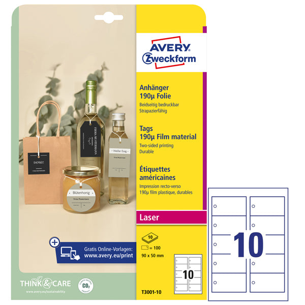 AVERY - T3001-10 - Cartellino stampabile resistente - plastica 190 mic - laser - 90 x 50 mm - 10 cart-fg - 10 fogli - bianco - Avery - 101311 - Conf. da 1 Pz.
