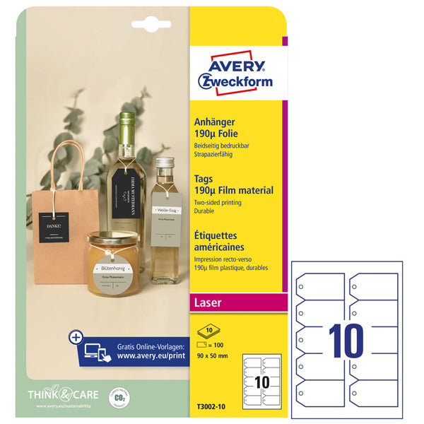 AVERY - T3002-10 - Cartellino stampabile resistente - plastica 190 mic - con angoli tagliati - laser - 90 x 50 mm - 10 cart-fg - 10 fogli - bianco - Avery - 101312 - Conf. da 1 Pz.