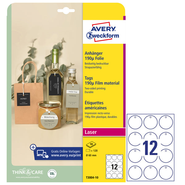 AVERY - T3004-10 - Cartellino stampabile resistente - plastica 190 mic - laser - diametro 60 mm - 12 cart-fg - 10 fogli - bianco - Avery - 101314 - Conf. da 1 Pz.