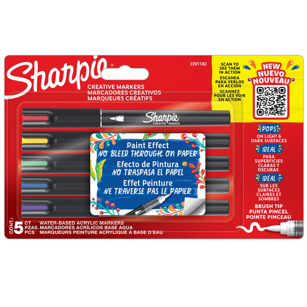SHARPIE - 2201182 - Marcatore acrilico - punta a pennello - colori assortiti - Sharpie - conf. 5 pezzi - 101502 - Conf. da 1 Pz.