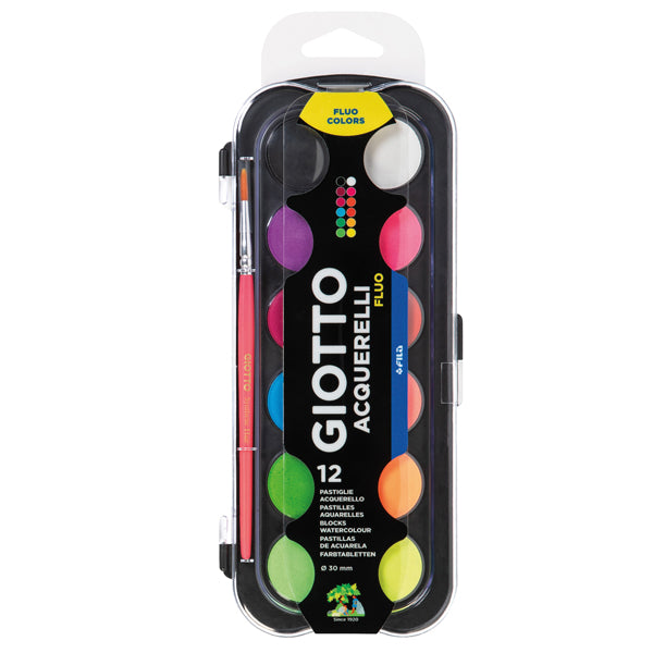 GIOTTO - F351400 - Pastiglia Acquerello - diametro 30mm - colori assortiti fluo - Giotto - astuccio da 12 pezzi - 102169 - Conf. da 1 Pz.