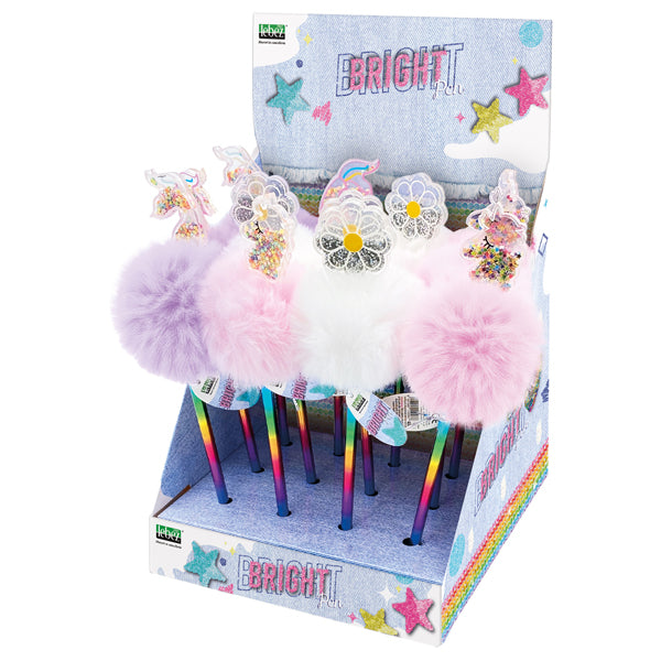 LEBEZ - 81392 - Penne a sfera Bright - pom pom e paillette - fantasie assortite - Lebez - expo 12 pezzi - 102272 - Conf. da 1 Pz.