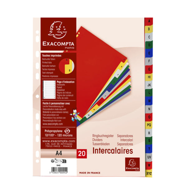EXACOMPTA - 94E - Separatore alfabetico A-Z - PPL - A4 - colori assortiti - Exacompta - 102330 - Conf. da 20 Pz.