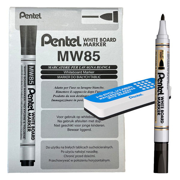 PENTEL - 0022480 - Marcatore white board MW85 - nero - Pentel - bundle 12 pezzi + cancellino magnetico - 103082 - Conf. da 1 Pz.