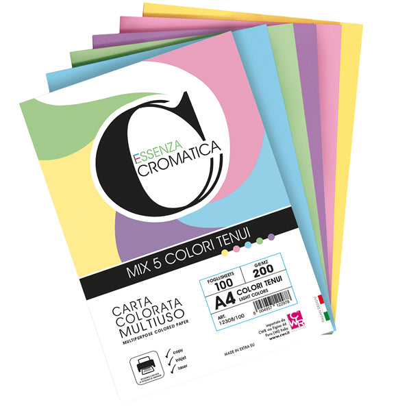 CWR - 12308-100 - Risma carta Cromatica - A4 - 200 gr - colori assortiti tenui - 100 fogli - CWR - 103103 - Conf. da 1 Pz.
