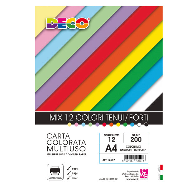 DECO - 12507 - Risma carta - A4 - 200 gr - colori assortiti - 12 fogli - DECO - 103106 - Conf. da 1 Pz.