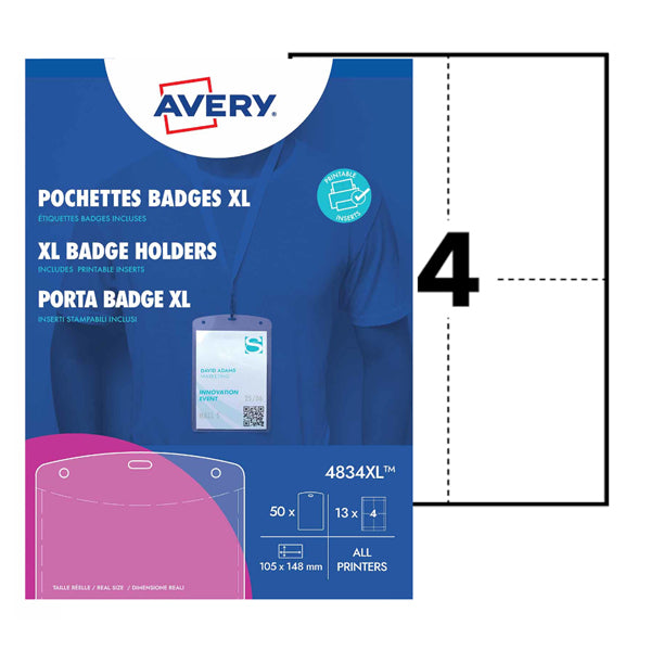 AVERY - 4834XL - Portabadge A6 - in plastica - laser-inkjet - 105 x 148 mm - Avery - Conf. 50 pezzi - 103370 - Conf. da 1 Pz.