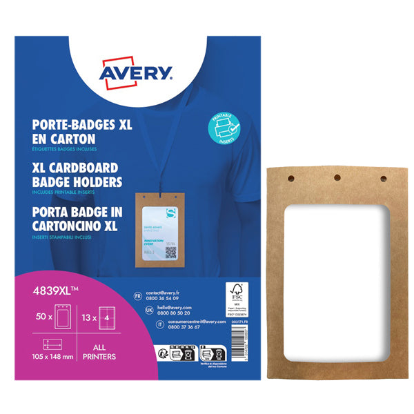 AVERY - 4839XL - Portabadge A6 - in cartoncino plastificato - laser-inkjet - 105 x 148 mm - Avery - Conf. 50 pezzi - 103371 - Conf. da 1 Pz.