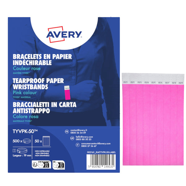 AVERY - TYVPK-50 - Braccialetti identificativi - in Tyvek - rosa fluo - 265 x 19 mm - 50 fogli - 10 et-fg - Avery - Conf. 500 pezzi - 103378 - Conf. da 1 Pz.