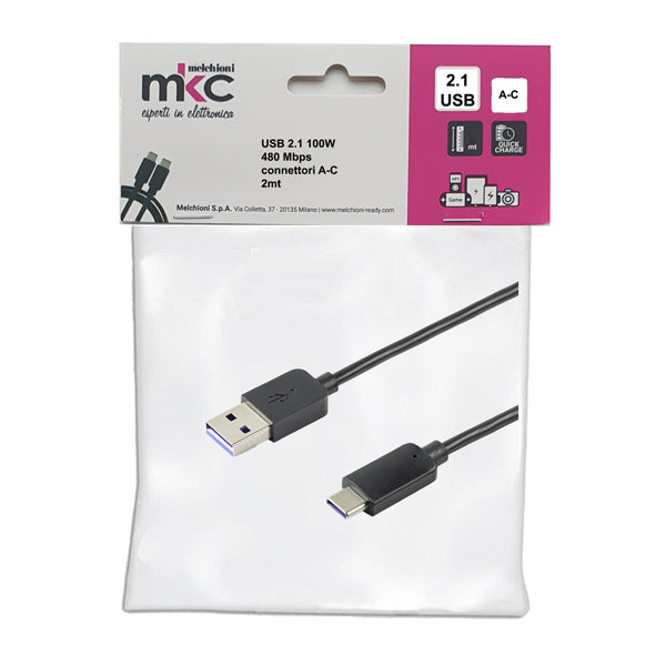 MKC - 486611202 - Cavo USB - 2.0 A-C - 100W - 480Mbps - 2 mt - MKC Melchioni - 103594 - Conf. da 1 Pz.