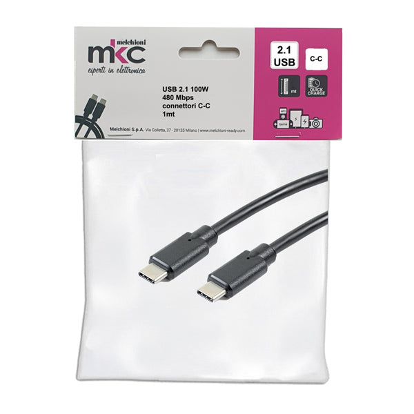 MKC - 486611205 - Cavo USB - 2.0 C-C - 100W - 480Mbps - 1 mt - MKC Melchioni - 103597 - Conf. da 1 Pz.