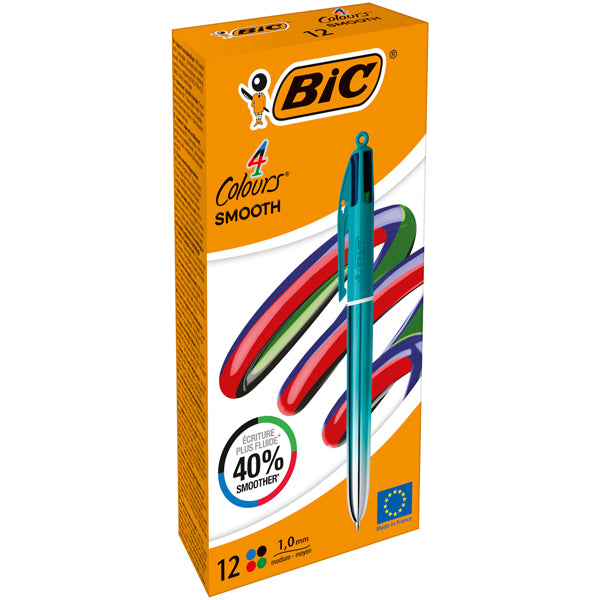 BIC - 524092 - Penna sfera a scatto 4 Colori Smooth - 1.0 mm - fusto verde acqua - Bic - conf. 12 pezzi - 103619 - Conf. da 1 Pz.