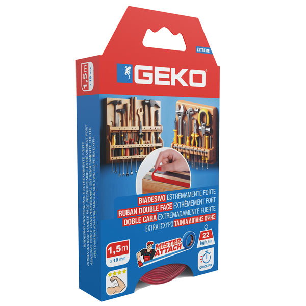 Geko - 8200500001 - Nastro biadesivo EXTREME Mister Attach - 19 mm x 1,5 m - LDPE - grigio-rosso - Geko - 103640 - Conf. da 1 Pz.