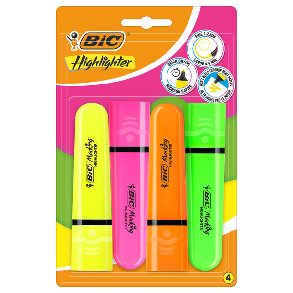 BIC - 517952 - Evidenziatore Flat - punta a scalpello - tratto da 1,2mm-4,6mm - colori assortiti fluo - Bic - astuccio 4 pezzi - 103648 - Conf. da 1 Pz.