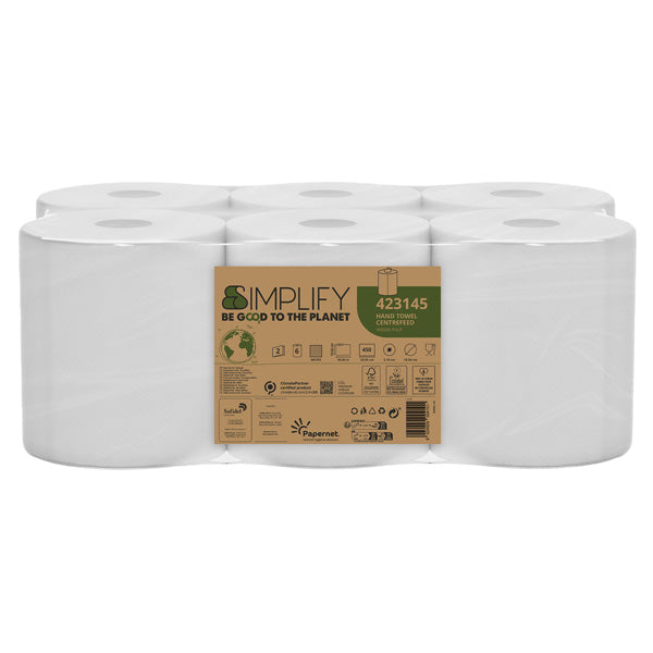 PAPERNET - 423145 - Asciugamani in rotolo Centrefeed Simplify - 19,6 cm x 90 m - diametro 18,5 cm - 17,5 gr - 450 strappi - 2 veli - bianco - Papernet - 103770 - Conf. da 6 Pz.