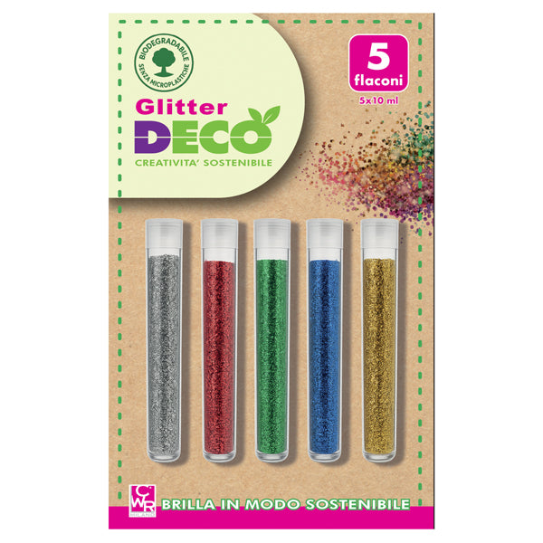 DECO - 13390-A5 - Glitter Bio grana fine - 10ml - colori assortiti - Deco - blister 5 flaconi - 103890 - Conf. da 1 Pz.