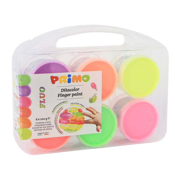PRIMO - 2214TD6FLUO - Ditacolor colori a dita - 100ml - c-pennello - valigetta 6 colori fluo - Primo - 104497 - Conf. da 1 Pz.