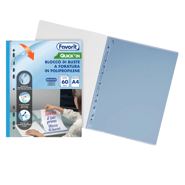 FAVORIT - 400205416 - Quick IN blocco buste forate - liscio - A4 - trasparente - Favorit - conf. 60 buste - 104798 - Conf. da 1 Pz.