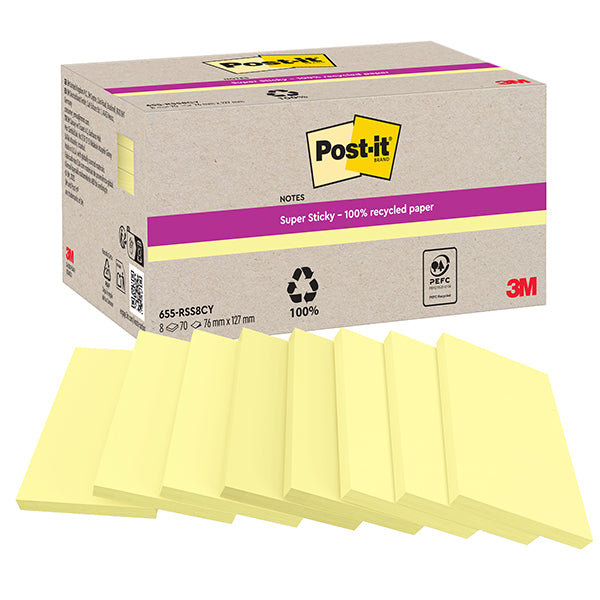 POST-IT - 7100374543 - Blocco foglietti Post-it SuperSticky - 622R-SS8CY - 75 x 127 mm - carta riciclata - giallo Canary - 70 fogli - Post-it - conf. 8 bl occhi - 105340 - Conf. da 1 Pz.