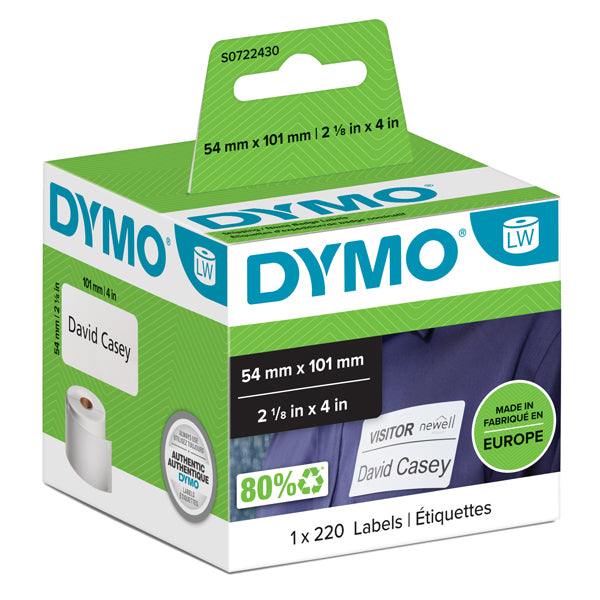 DYMO - S0722430 - Rotolo 220 etichette LW - 990140 - 54 x 101 - carta - spedizione-badge - bianco - Dymo - 27798 - Conf. da 1 Pz.