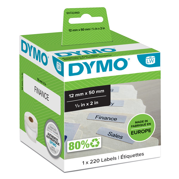 DYMO - S0722460 - Rotolo 220 etichette LW 990170 - 12 x 50 mm - carta - cartelle sospese - bianco - Dymo - 27803 - Conf. da 1 Pz.