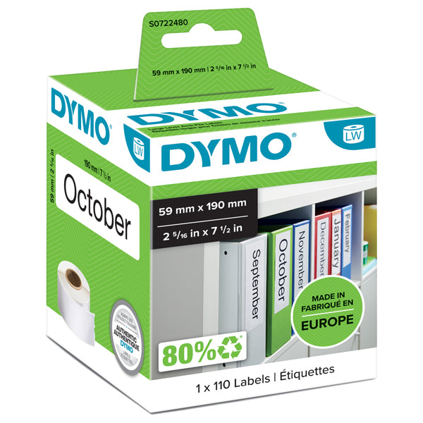 DYMO - S0722480 - Rotolo 110 etichette LW 990190 - 59 x 190 mm - carta - registratore grande - bianco - Dymo - 27814 - Conf. da 1 Pz.