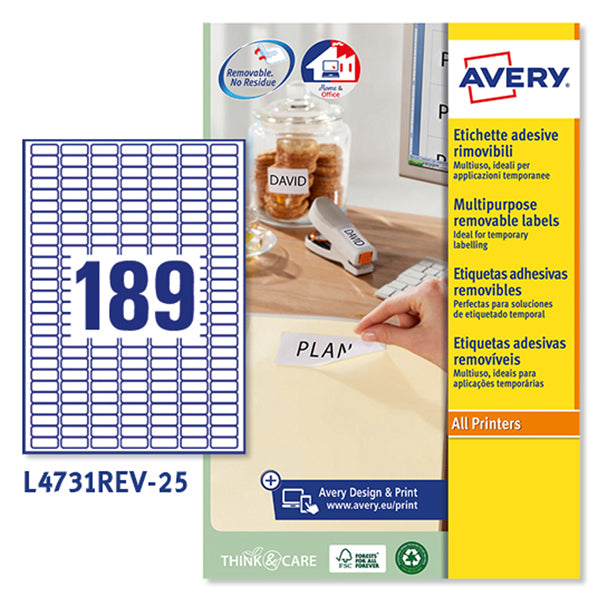 AVERY - L4731REV-25 - Etichette adesive L4731REV - in carta - angoli arrotondati - rimovibili - 25,4 x 10 mm - 189 et-fg - 25 fogli - bianco - Avery - 45213 - Conf. da 1 Pz.