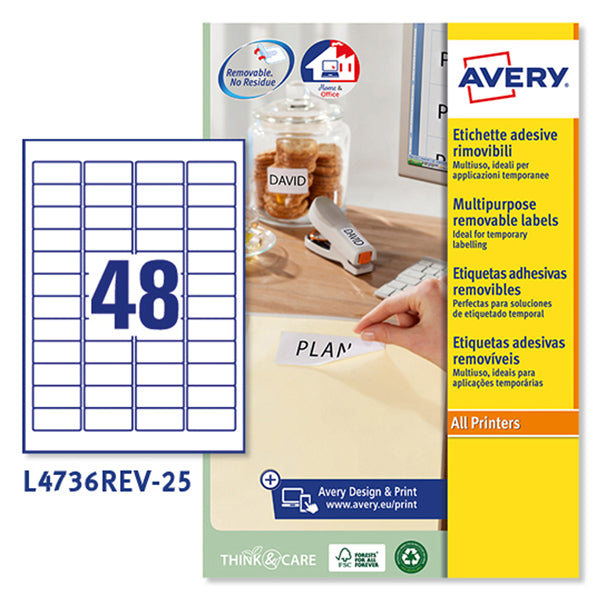 AVERY - L4736REV-25 - Etichette adesive L4736REV - in carta - angoli arrotondati - rimovibili - 45,7 x 21,2 mm - 48 et-fg - 25 fogli - bianco - Avery - 45215 - Conf. da 1 Pz.