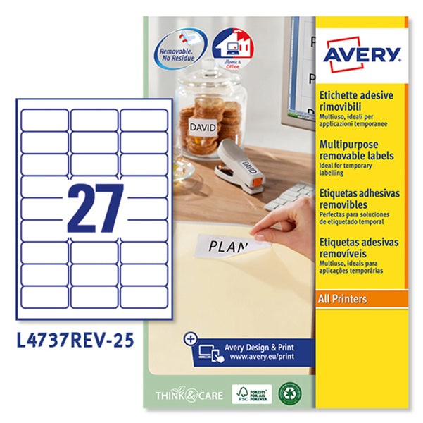 AVERY - L4737REV-25 - Etichette adesive L4737REV - in carta - angoli arrotondati - rimovibili - 63,5 x 29,6 mm - 27 et-fg - 25 fogli - bianco - Avery - 45216 - Conf. da 1 Pz.