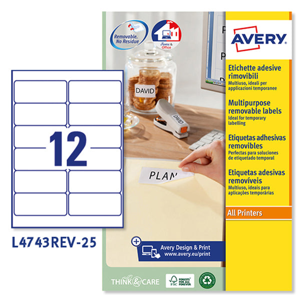 AVERY - L4743REV-25 - Etichette adesive L4743REV - in carta - angoli arrotondati - rimovibili - 99,1 x 42,3 mm - 12 et-fg - 25 fogli - bianco - Avery - 47160 - Conf. da 1 Pz.