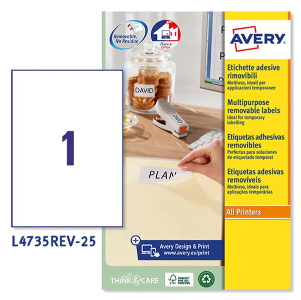 AVERY - L4735REV-25 - Etichette adesive L4735REV - in carta - angoli arrotondati - rimovibili - 210 x 297 mm - 1 et-fg - 25 fogli - bianco - Avery - 49697 - Conf. da 1 Pz.