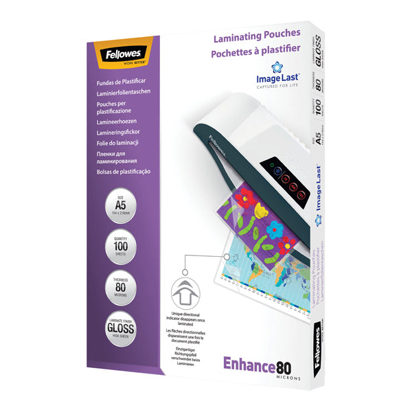 FELLOWES - 5306002 - Pouches Enhance80 - A5 - 154x216 mm - 2x80 micron - Fellowes - scatola 100 pezzi - 77624 - Conf. da 1 Pz.