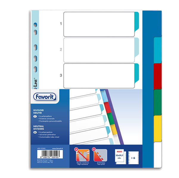 FAVORIT - 400132503 - Divisori Neutri a 6 tacche - PP - A4 maxi - colori assortiti - Favorit - 89339 - Conf. da 1 Pz.