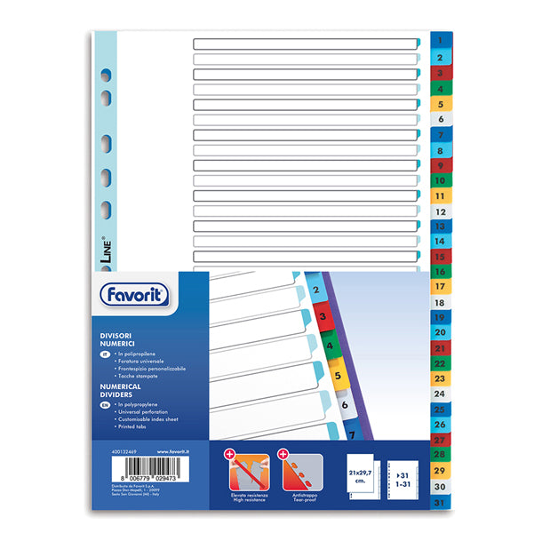 FAVORIT - 400132469 - Divisori numerici 31 tacche - A4 - PP - colori assortiti - Favorit - 89343 - Conf. da 1 Pz.