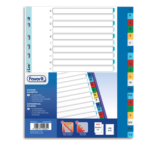 FAVORIT - 400132467 - Divisori alfabetici 20 tacche - PP - A4 maxi - colori assortiti - Favorit - 89345 - Conf. da 1 Pz.