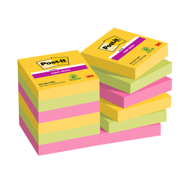 POST-IT - 7100290181 - Blocco Post it Super Sticky - 622-12SS-CARN - 47,6 x 47,6 mm - colori Carnival - 90 fogli - Post it - conf. 12 pezzi - 94376 - Conf. da 1 Pz.