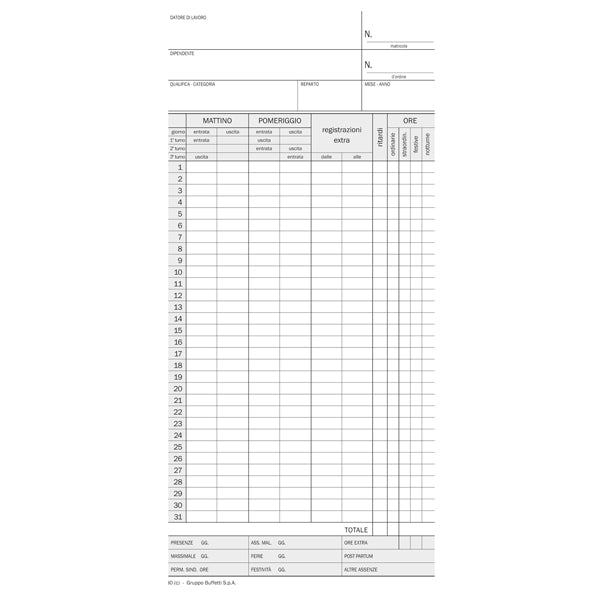 DATA UFFICIO - 558200000G - Scheda orologio presenze (controllo mensile) - cartoncino da 275 gr - 22,5 x 10,4 cm - DU158000000 - Data Ufficio - conf. 100 pezzi - 96522 - Conf. da 1 Pz.