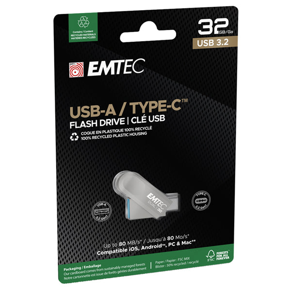 EMTEC - ECMMD32GD283 - Emtec - Memoria Dual USB3.2 to Type-C - 32GB - ECMMD32GD283 - EMTMD32GD283 - Conf. da 1 Pz.