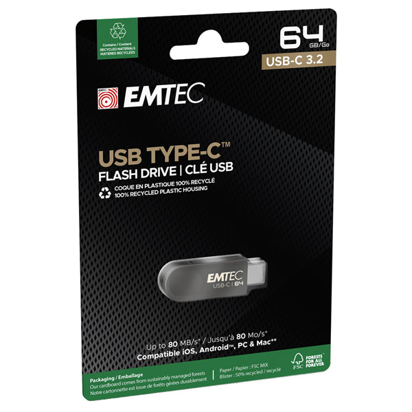 EMTEC - ECMMD64GC283 - Emtec - Memoria Type C - C280 - 64GB - ECMMD64GC283 - EMTMD64GC283 - Conf. da 1 Pz.