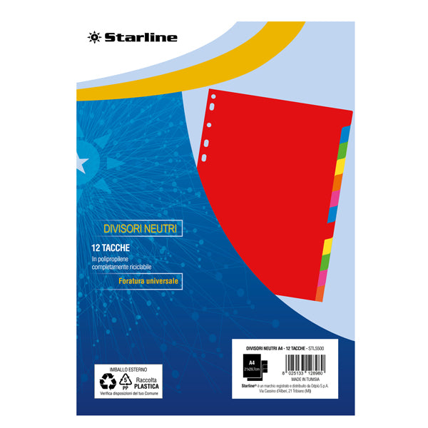 STARLINE - 2000003C1-STL - Divisori neutri 12 tacche - A4 - PP - colori assortiti - Starline - STL5500 - Conf. da 1 Pz.