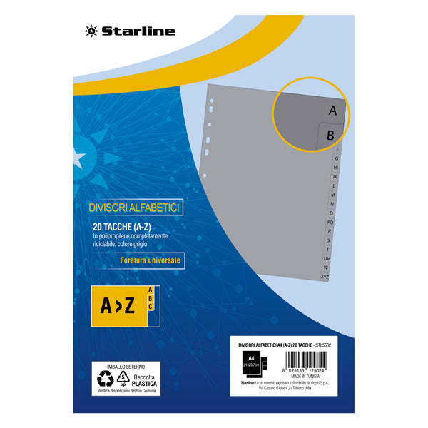 STARLINE - 2000012C5-STL - Divisori alfabetici 20 tacche - A4 - PP - grigio - Starline - STL5502 - Conf. da 1 Pz.