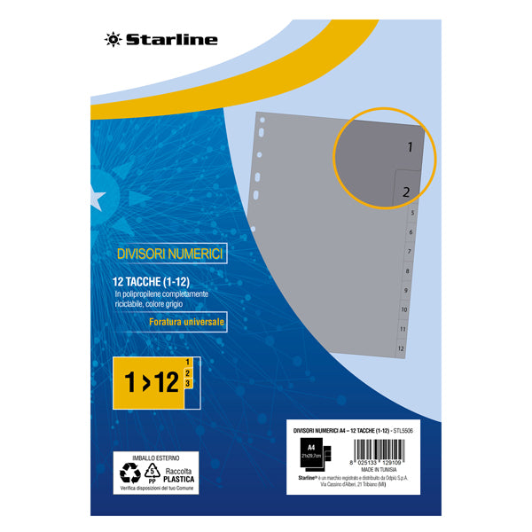 STARLINE - 2000013C5-STL - Divisori numerici 12 tacche - A4 - PP - grigio - Starline - STL5506 - Conf. da 1 Pz.