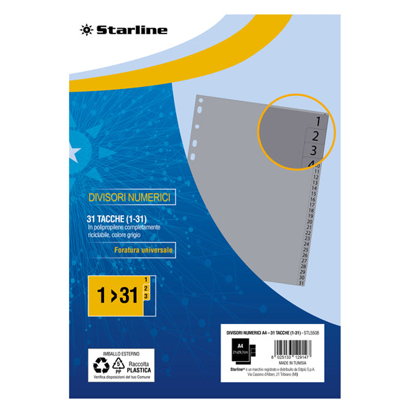 STARLINE - 2000014C5-STL - Divisori numerici 31 tacche - A4 - PP - grigio - Starline - STL5508 - Conf. da 1 Pz.